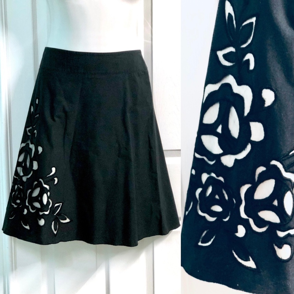 EXPRESS Black Cotton @Knee Embroidered Flowers Mesh Cut Outs A-Line Skirt~10